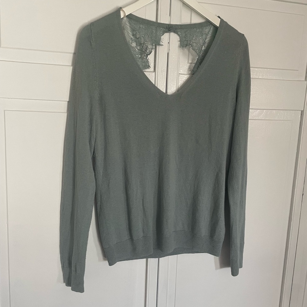 Sage green lace back sweater, excellent used condition